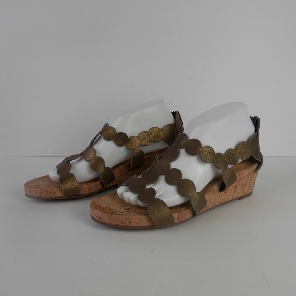 Vaneli Bronze Scalloped Leather Cork Wedge Sandals